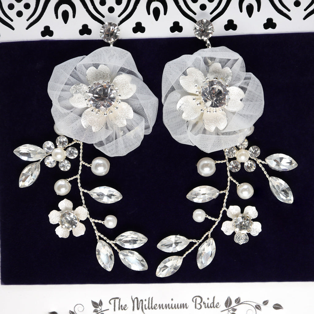 Swarovski Flower Petals Crystal, Rhinestone Earrings, Long Bridal Jewelry Bridal Earrings Crystal Bridal Earrings Statement Earrings Cz
