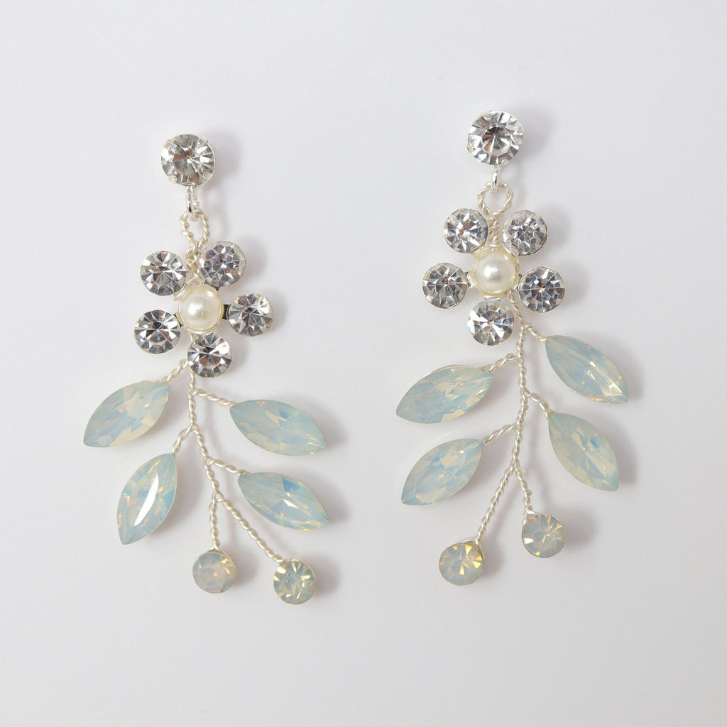 Swarovski Crystal Blue Floral Opal Leaves Earrings, Opal Hair comb Statement Earrings Cz