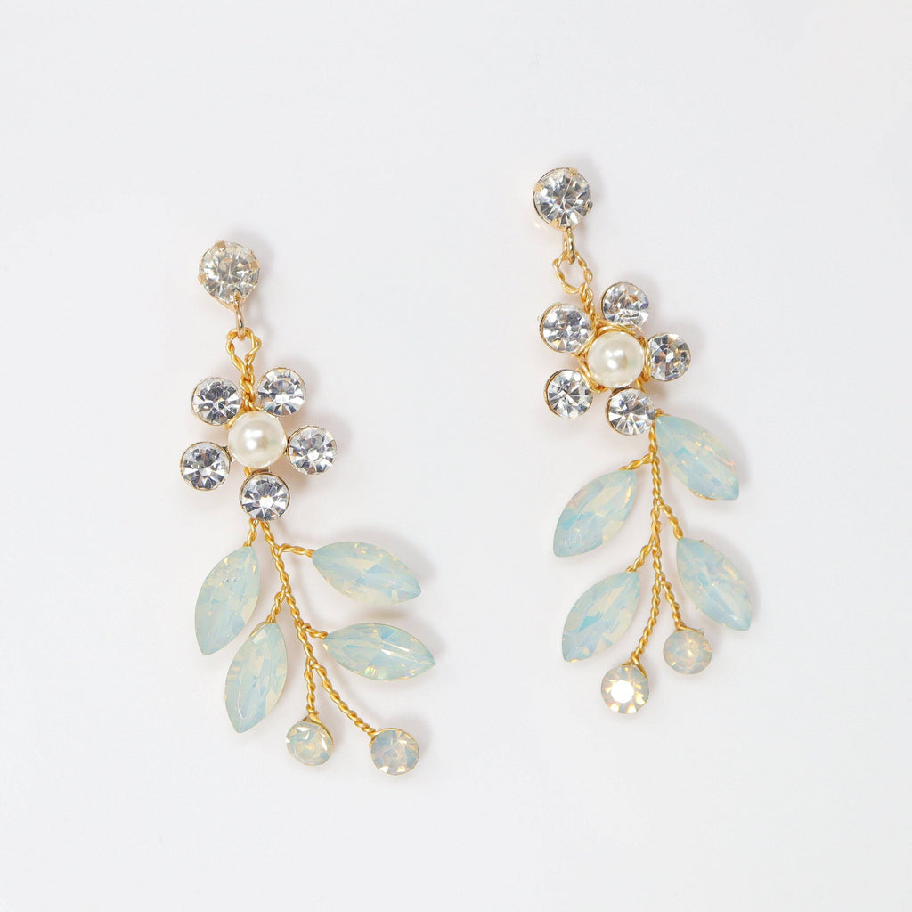 Swarovski Crystal Blue Floral Opal Leaves Earrings, Opal Hair comb Statement Earrings Cz