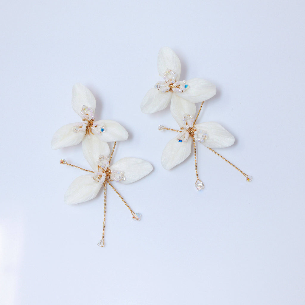 Swarovski Crystal Two White Flower Long Earrings, Long Bridal Jewelry, 925 Sterling Silver, Statement Earrings Cz