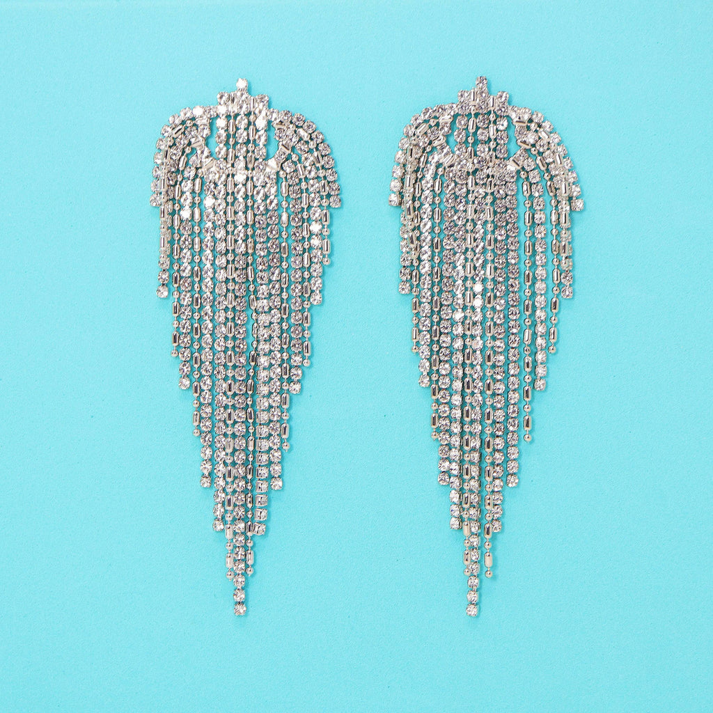Crystal/Diamond earrings Long Tassel SilverBridal Jewelry Bridal Earrings Crystal Bridal Earrings Statement earrings Cz