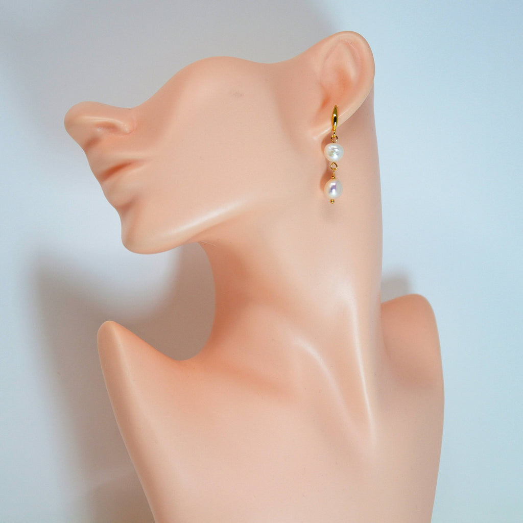 2 Freshwater Cultured pearl Bezel Hook Earrings, Long Bridal Jewelry, Gold Pearl Bridal Earrings, Statement Earrings.