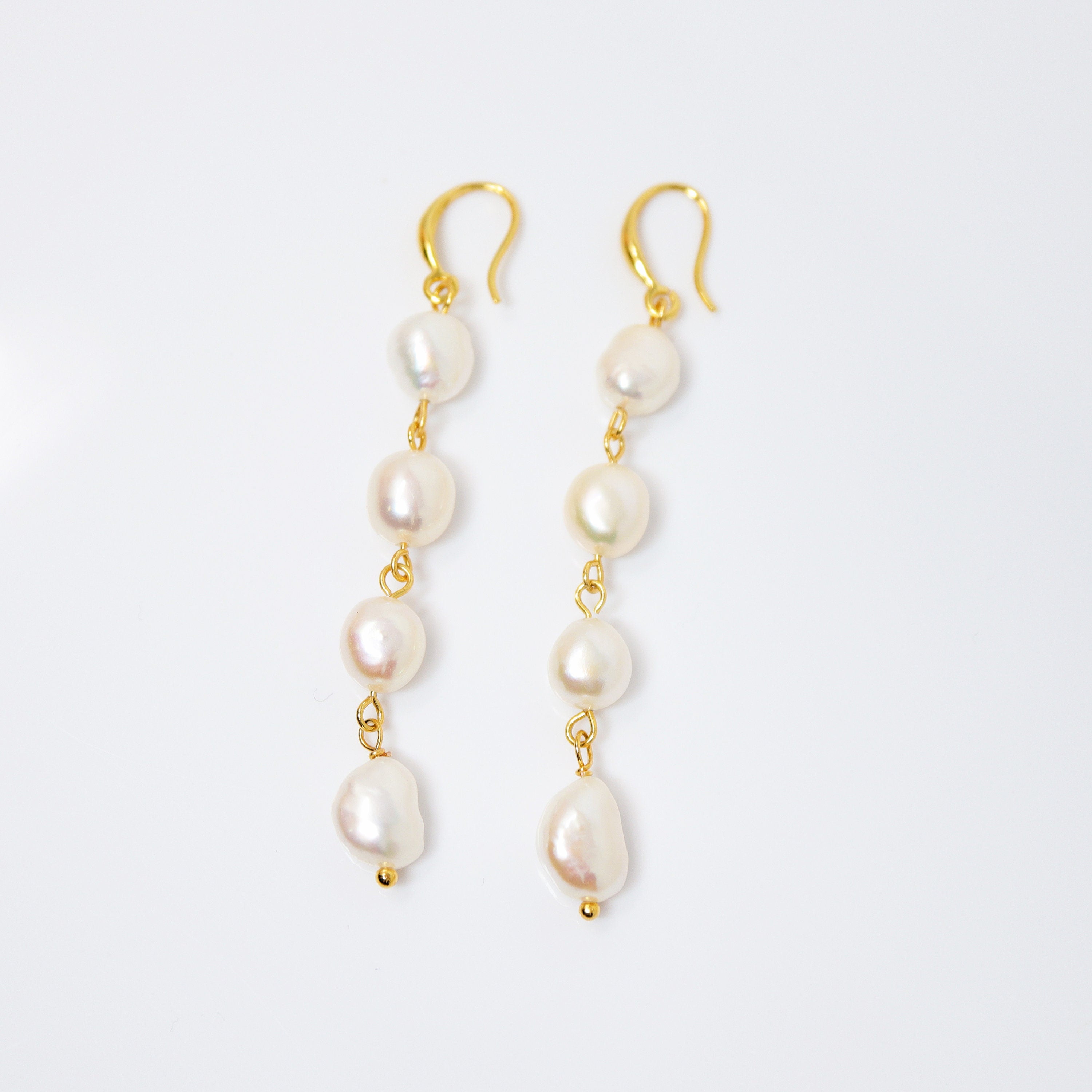 4 Freshwater Cultured pearl Bezel Hook Earrings, Long Bridal Jewelry, Gold Pearl Bridal Earrings, Statement Earrings.