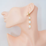 3 Freshwater Cultured pearl Bezel Hook Earrings, Long Bridal Jewelry, Gold Pearl Bridal Earrings, Statement Earrings.