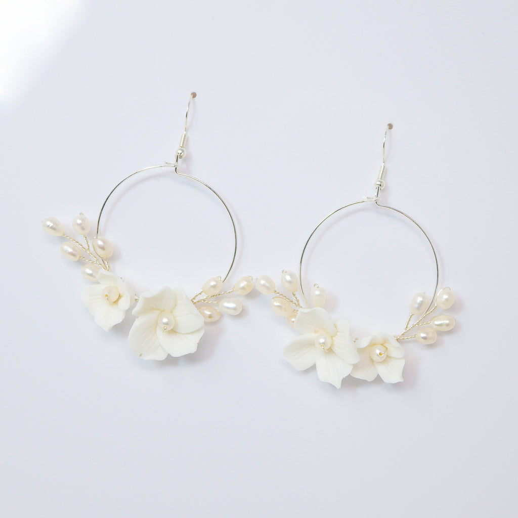 Natural Cultured Pearl Ceramic White Flower Dangle Hoop Earrings, Bridal Jewelry, Pearl Bridal Earrings, Statement DangleEarrings