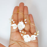 Natural Cultured Pearl Ceramic White Flower Dangle Hoop Earrings, Bridal Jewelry, Pearl Bridal Earrings, Statement DangleEarrings