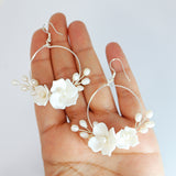 Natural Cultured Pearl Ceramic White Flower Dangle Hoop Earrings, Bridal Jewelry, Pearl Bridal Earrings, Statement DangleEarrings