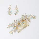 Swarovski Crystal Blue Floral Opal Leaves Earrings, Opal Hair comb Statement Earrings Cz