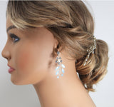 Swarovski Crystal Blue Floral Opal Leaves Earrings, Opal Hair comb Statement Earrings Cz
