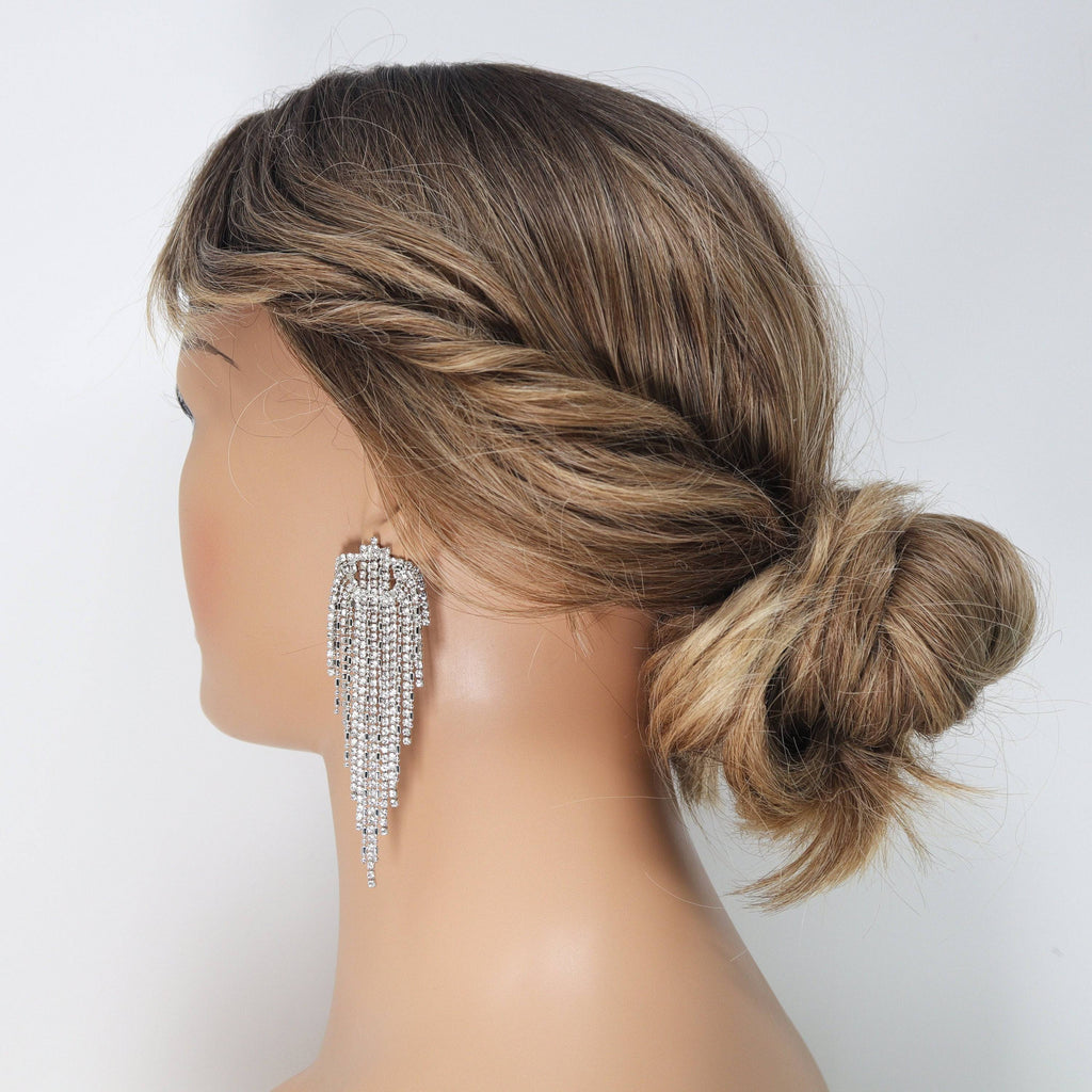 Crystal/Diamond earrings Long Tassel SilverBridal Jewelry Bridal Earrings Crystal Bridal Earrings Statement earrings Cz