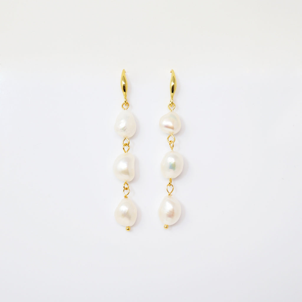 3 Freshwater Cultured pearl Bezel Hook Earrings, Long Bridal Jewelry, Gold Pearl Bridal Earrings, Statement Earrings.