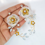 Swarovski Gold Opal Flower Crystal Necklace set , Long Bridal Jewelry Crystal Necklace Bridal Earrings Statement Earrings