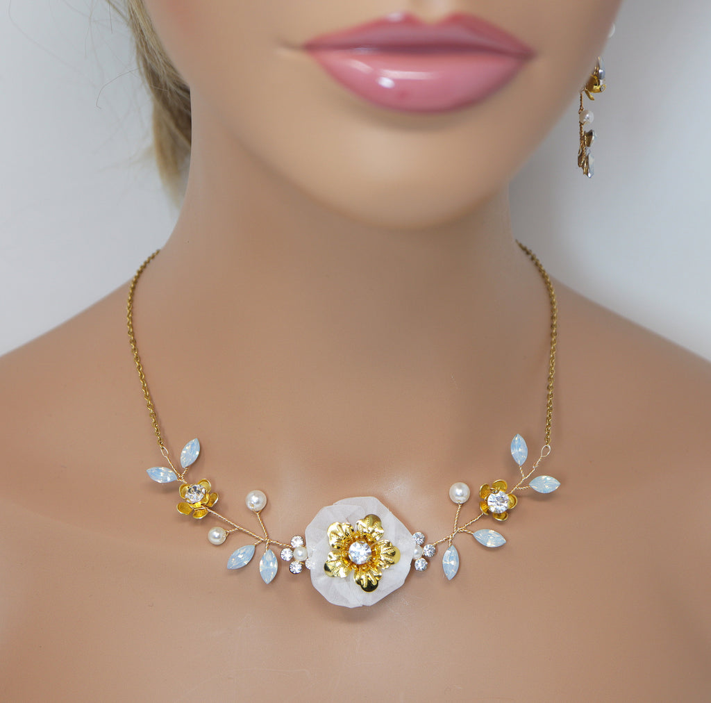 Swarovski Gold Opal Flower Crystal Necklace set , Long Bridal Jewelry Crystal Necklace Bridal Earrings Statement Earrings