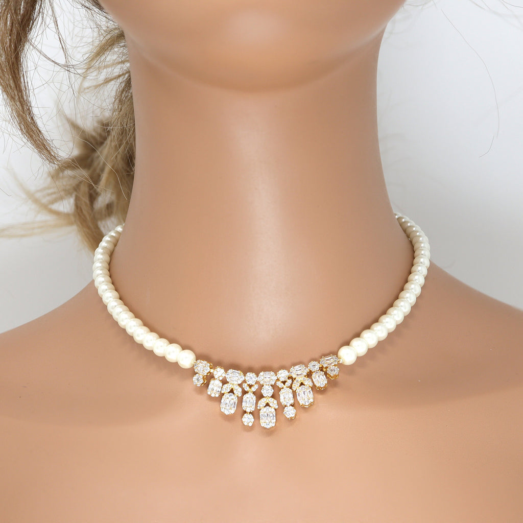 Swarovski Crystal Modern Geometric Pearl leaves Diamond/Crystal Necklace Set, Bridal Necklace Set, Bridal Jewelry, Statement Necklace