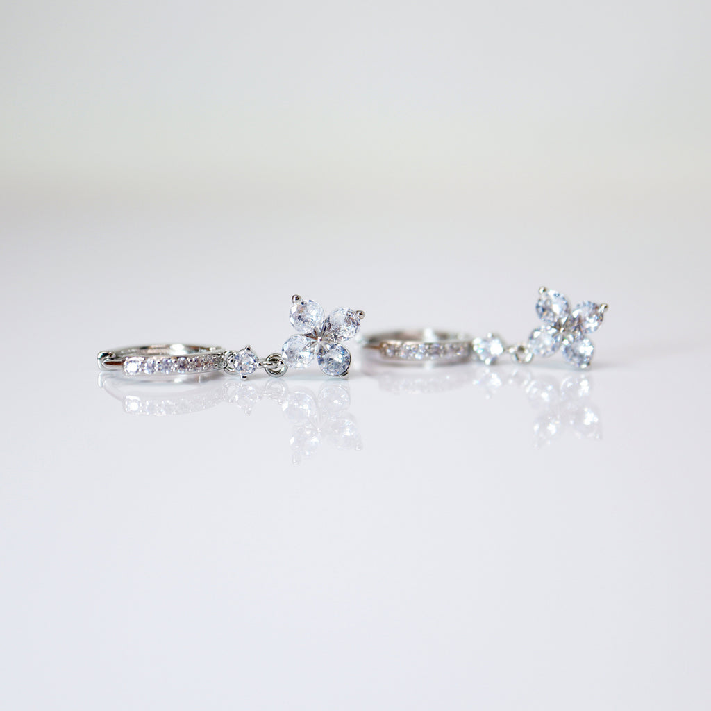 CZ Four Leaf Clover Drop Hoop Earrings, Swarovski Crystal Earrings, Statement Earrings, Rhinestones Hoop Earrings.