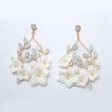 Opulent Crystal Bridal Earrings : Ceramic White Flower Opal Dangle Hoops, Long Bridal Earring, Something Blue Earring.