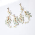 White Flower Green Leaves Pearl Hoop Earrings, Long Bridal Jewelry, Dangle Earrings, Bridal Crystal Earrings, Statement Earrings - TheMillenniumBride