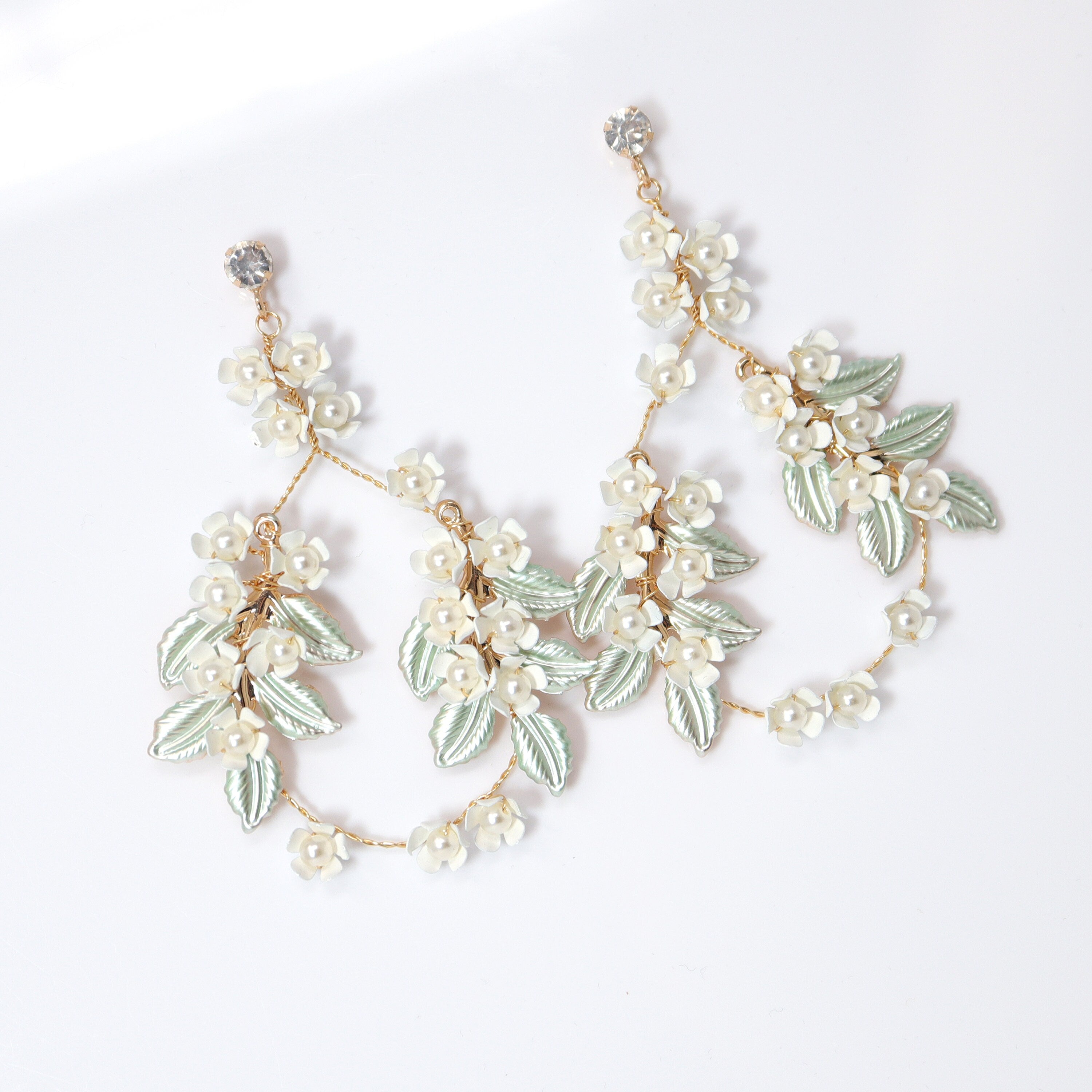 White Flower Green Leaves Pearl Hoop Earrings, Long Bridal Jewelry, Dangle Earrings, Bridal Crystal Earrings, Statement Earrings - TheMillenniumBride