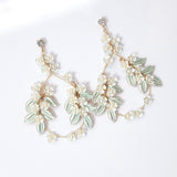 White Flower Green Leaves Pearl Hoop Earrings, Long Bridal Jewelry, Dangle Earrings, Bridal Crystal Earrings, Statement Earrings