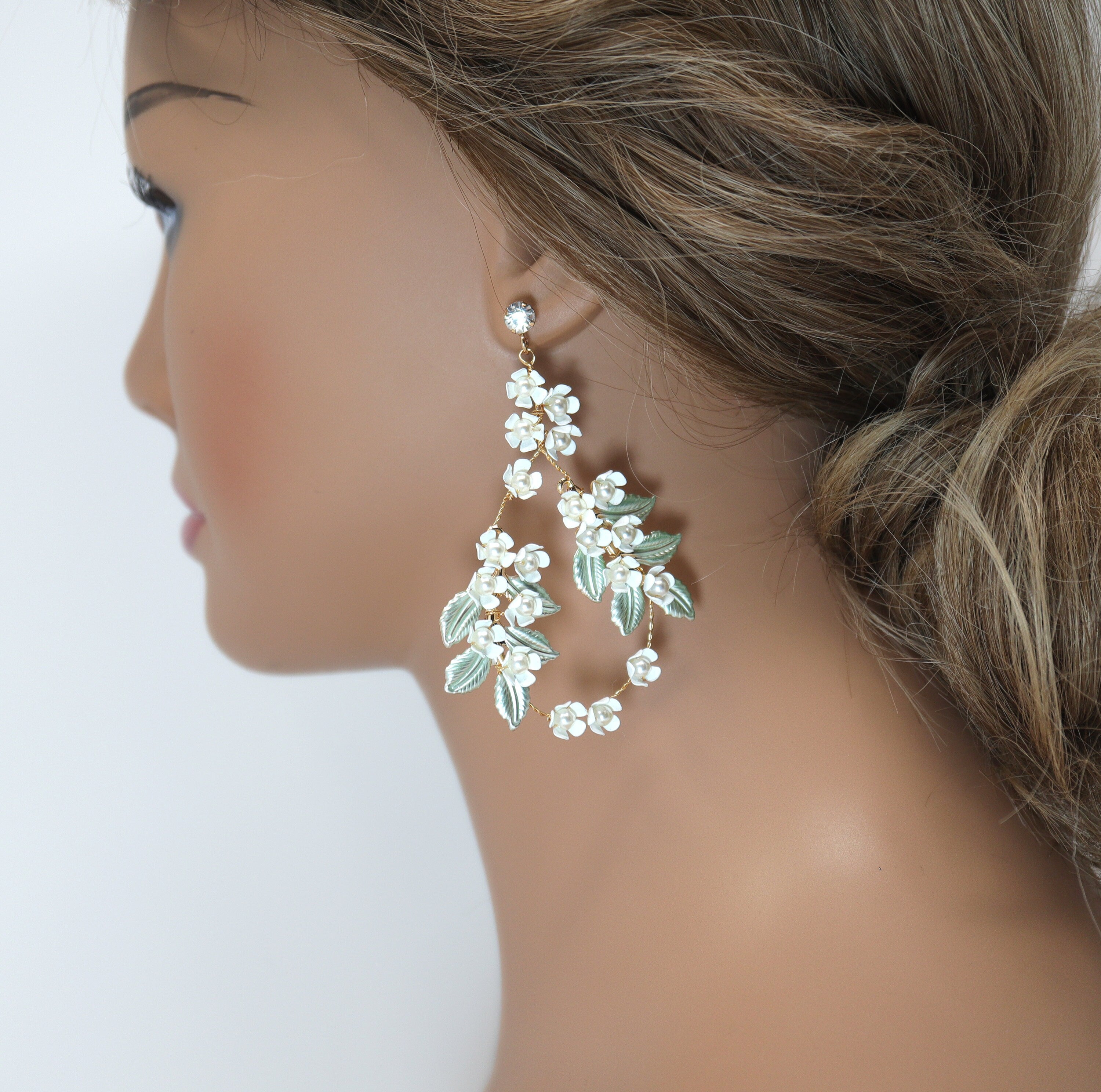 White Flower Green Leaves Pearl Hoop Earrings, Long Bridal Jewelry, Dangle Earrings, Bridal Crystal Earrings, Statement Earrings - TheMillenniumBride