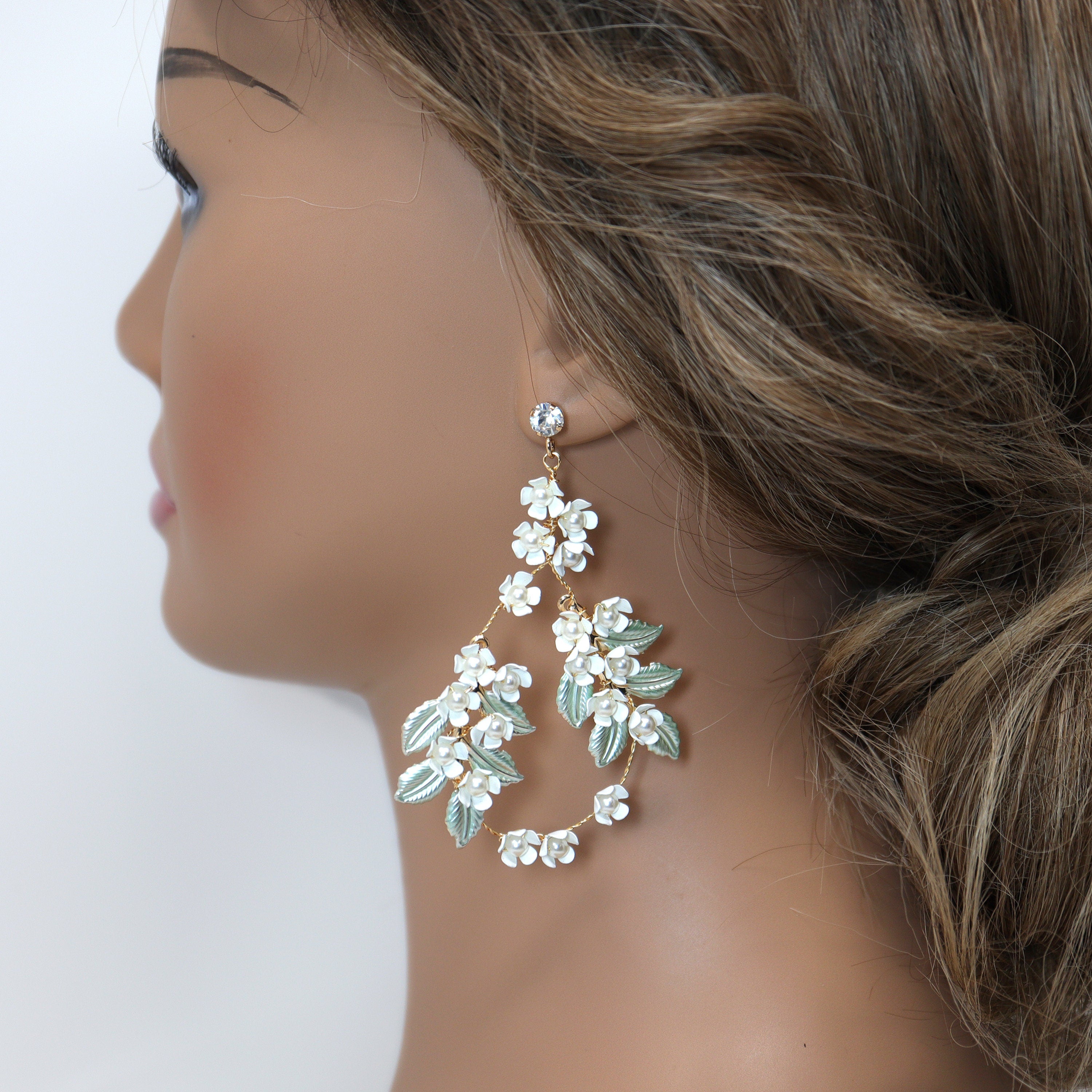 White Flower Green Leaves Pearl Hoop Earrings, Long Bridal Jewelry, Dangle Earrings, Bridal Crystal Earrings, Statement Earrings - TheMillenniumBride