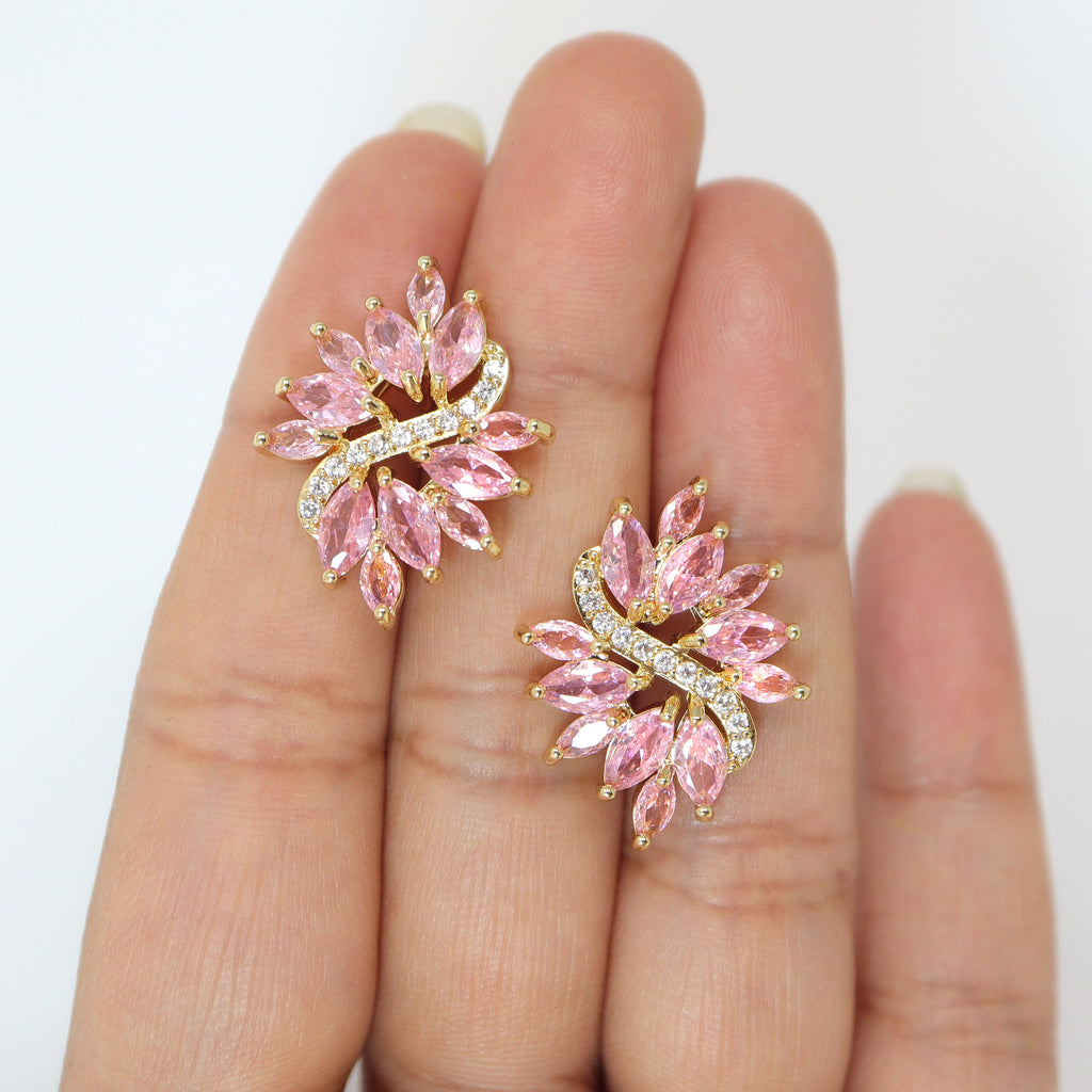 Cubic Zirconia Pink Diamond Leaves stud Earrings, Bridal Jewelry, Bridal Stud Earrings, Crystal Bridal Earrings, Statement Earrings Cz
