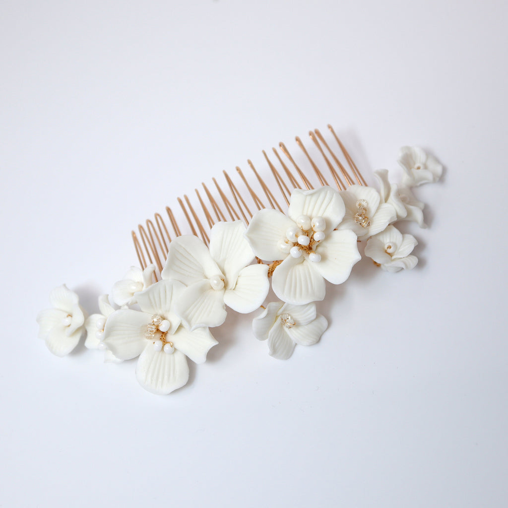 Ceramic White flower Flowers Pearl Jewelry Set, Bridal Hair piece, Bridal Hair Accessories, Wedding Hair Accessory.