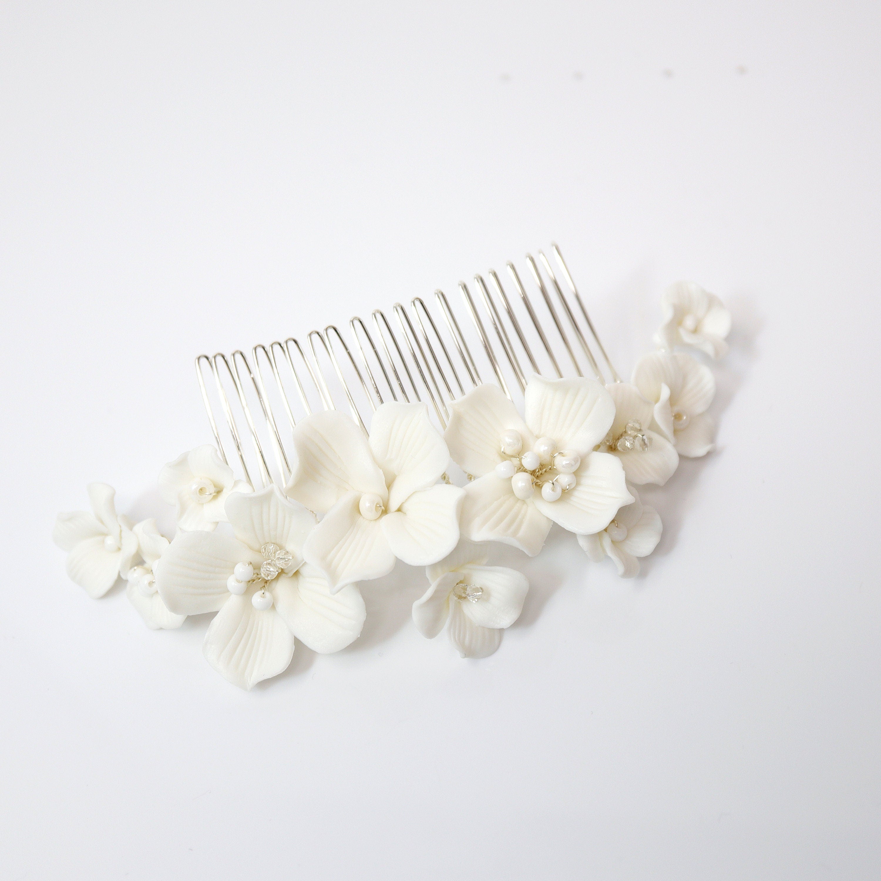 Ceramic White flower Flowers Pearl Hair comb,  Bridal Hair piece, Bridal Hair Accessories, Wedding Hair Accessory.