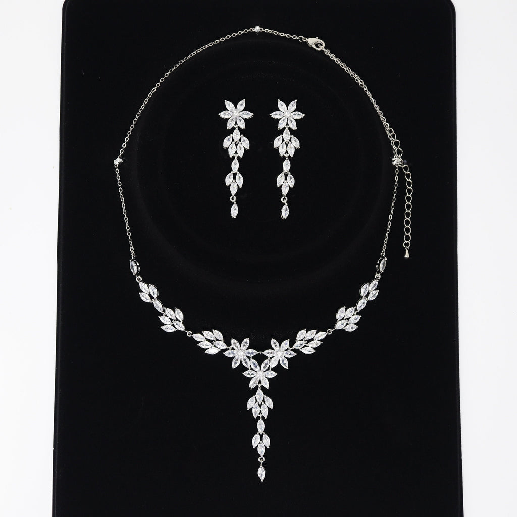 Delicate Flower Vine CZ Bridal Jewelry Set, Long Bridal Jewelry, Bridal Earrings And Necklace, Statement Earrings Cz Necklace Set.