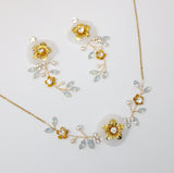 Swarovski Gold Opal Flower Crystal Necklace set , Long Bridal Jewelry Crystal Necklace Bridal Earrings Statement Earrings