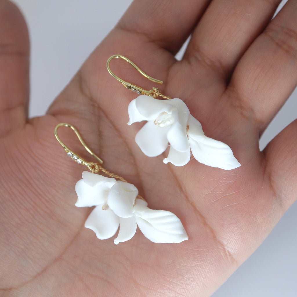 Freshwater Cultured Pearl Ceramic White Flower Hook Rhinestone Earrings, Long Bridal Earring, Pearl Bridal Earrings, Statement Earrings.