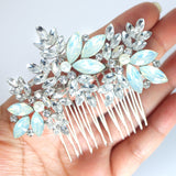 Icy Blue Floral and Opal Leaf Hair Comb, Bridal Haircomb, Statement Haircomb,