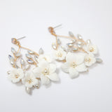 Opulent Crystal Bridal Earrings : Ceramic White Flower Opal Dangle Hoops, Long Bridal Earring, Something Blue Earring.