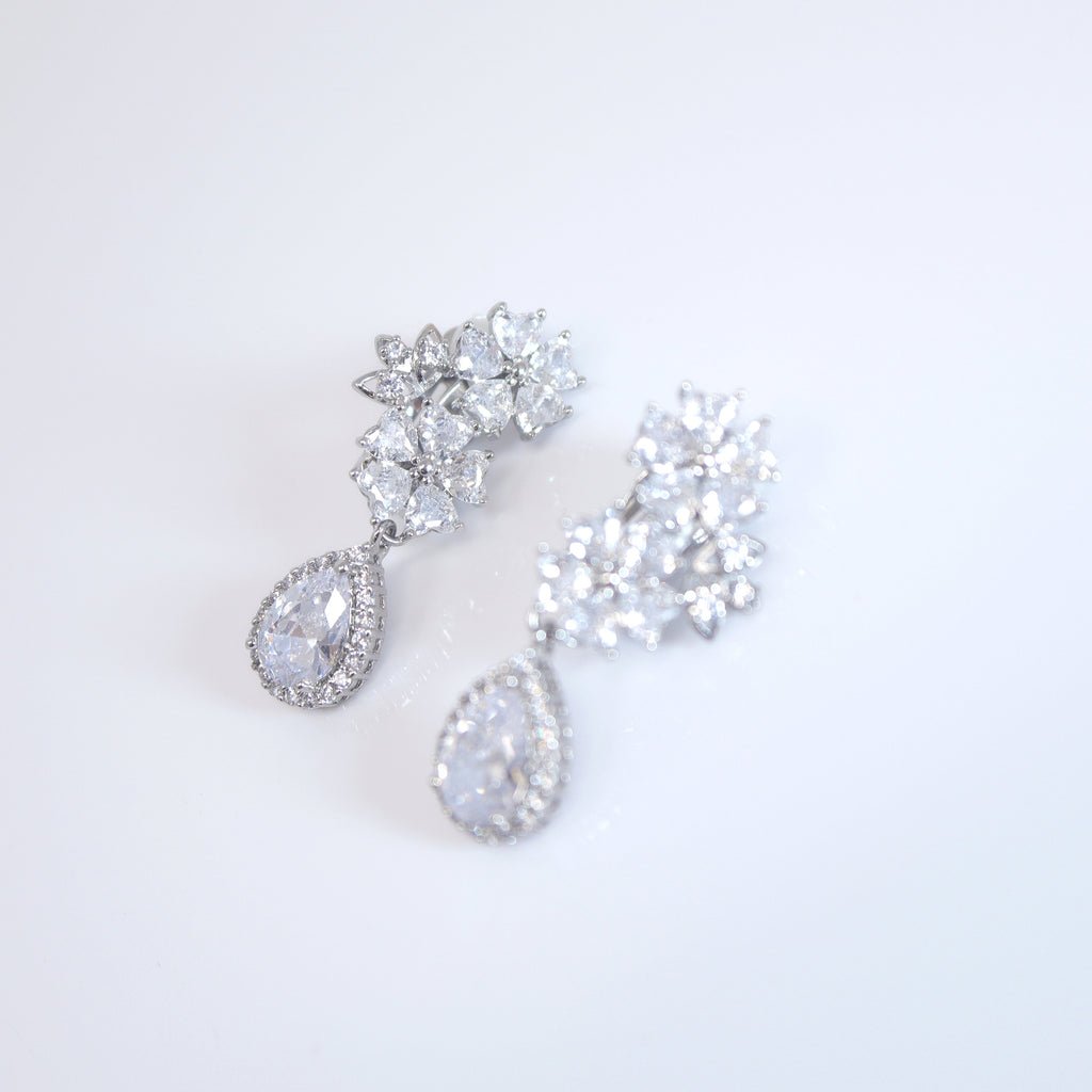 Opulent Flower Garden: Swarovski Crystal Bridal Clip On Drop Earrings with Diamond Details, Crystal Bridal Earrings, Statement Earrings Cz