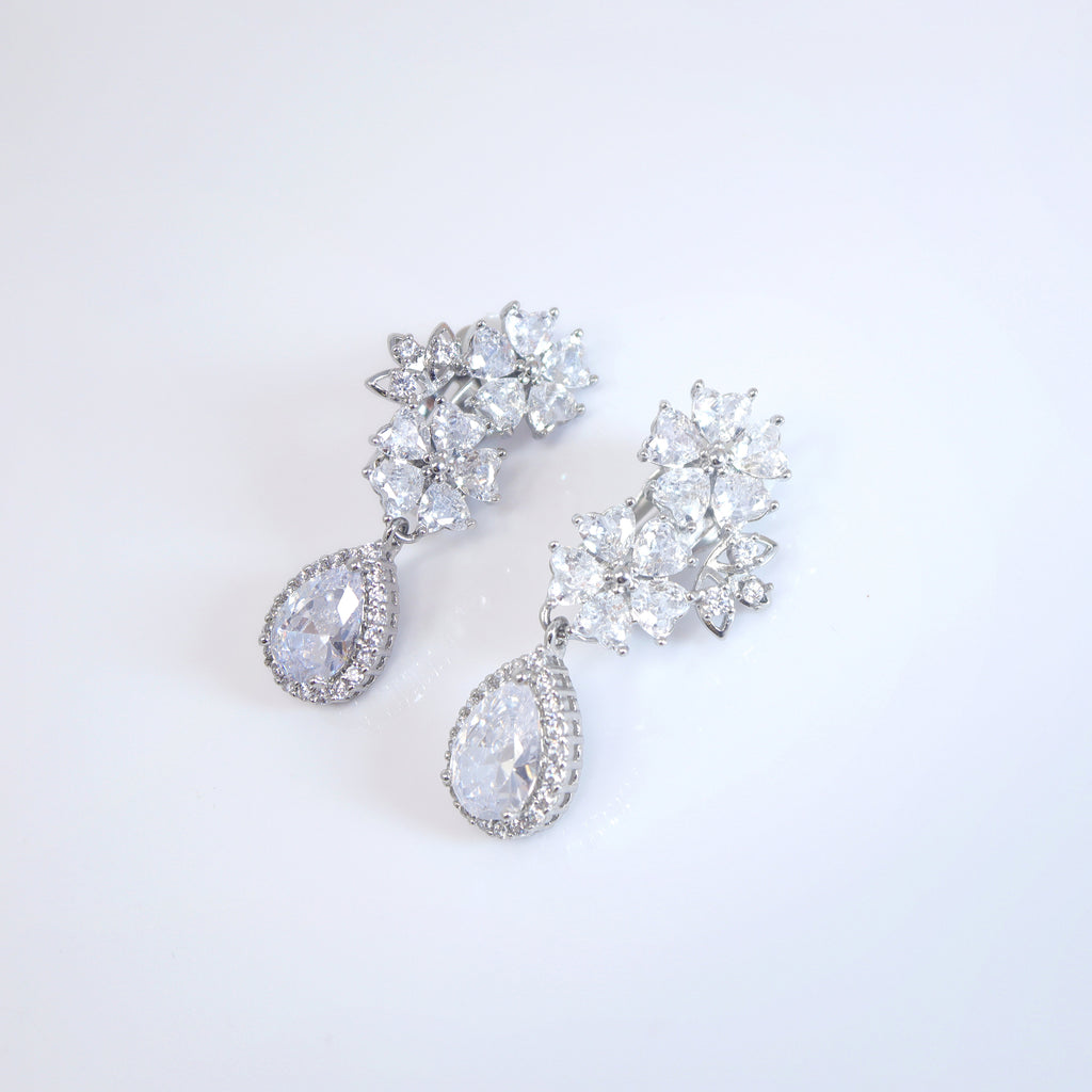 Opulent Flower Garden: Swarovski Crystal Bridal Clip On Drop Earrings with Diamond Details, Crystal Bridal Earrings, Statement Earrings Cz