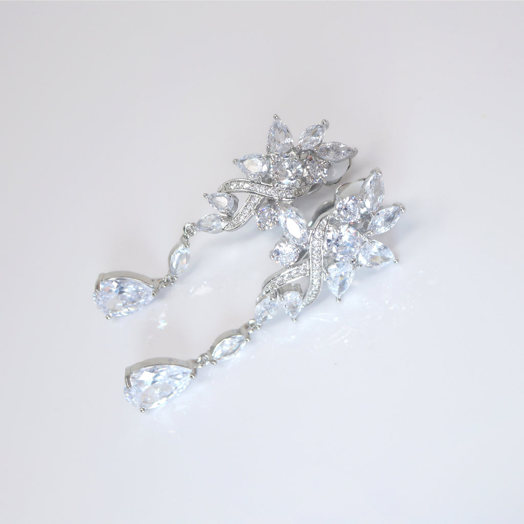 Swarovski Whimsical Garden Blooms: Clip-On Floral Earrings with Swinging Drops, Crystal Bridal Earrings, Statement Earrings Cz
