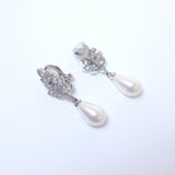 Pearl Adorned Clip-On Bouquet: Floral Pearl Drop Earrings with Elegance, Crystal Bridal Earrings, Statement Earrings Cz