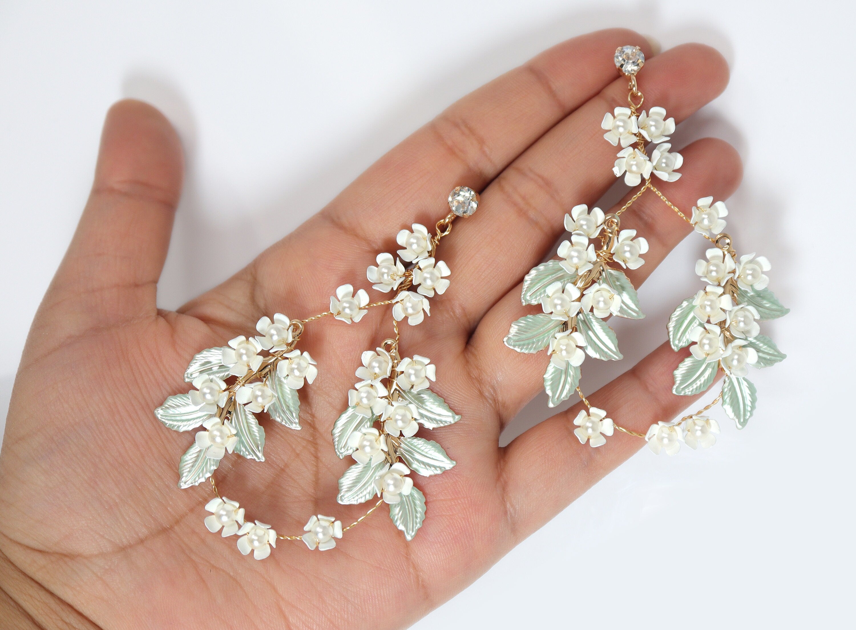 White Flower Green Leaves Pearl Hoop Earrings, Long Bridal Jewelry, Dangle Earrings, Bridal Crystal Earrings, Statement Earrings - TheMillenniumBride