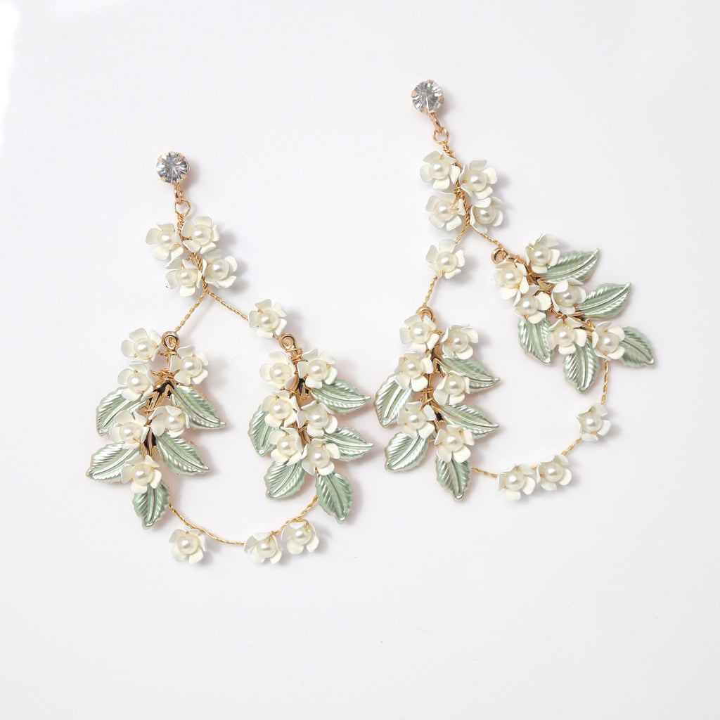 White Flower Green Leaves Pearl Hoop Earrings, Long Bridal Jewelry, Dangle Earrings, Bridal Crystal Earrings, Statement Earrings - TheMillenniumBride