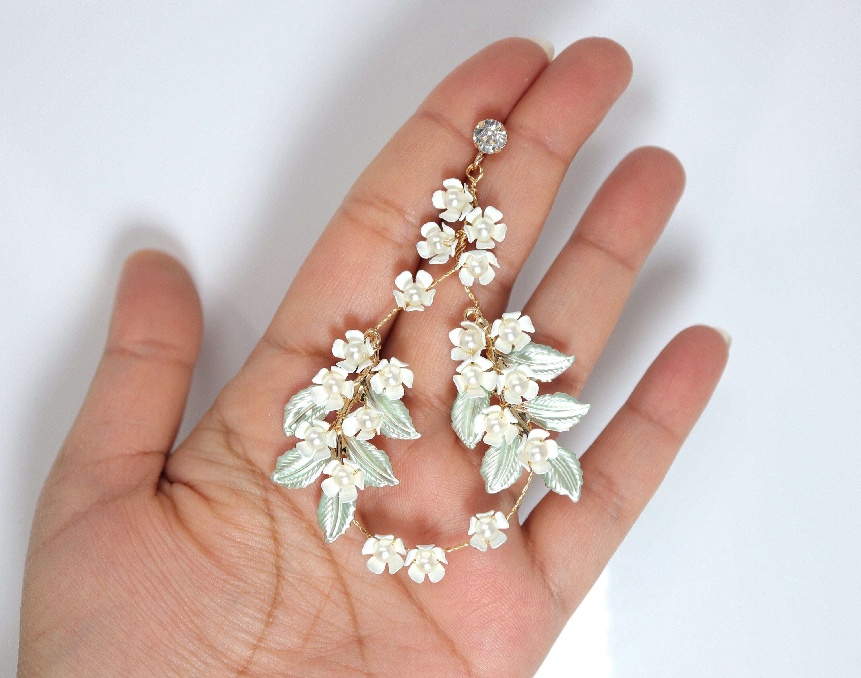 White Flower Green Leaves Pearl Hoop Earrings, Long Bridal Jewelry, Dangle Earrings, Bridal Crystal Earrings, Statement Earrings - TheMillenniumBride
