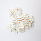 Ceramic White flower Flowers Pearl Hair comb,  Bridal Hair piece, Bridal Hair Accessories, Wedding Hair Accessory.
