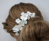 Ceramic White flower Flowers Pearl Jewelry Set, Bridal Hair piece, Bridal Hair Accessories, Wedding Hair Accessory.