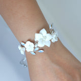 Opulent Crystal Bridal Bracelet : Ceramic White Flower Opal Bracelet, Statement Bracelet, Opal Bracelet,Gift for her, Custom Gift.