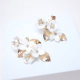 Clip on Ceramic White Flower Crystal And Gold Leaves Earrings, Long Bridal Jewelry, Flower Bridal Earrings, Statement Earrings