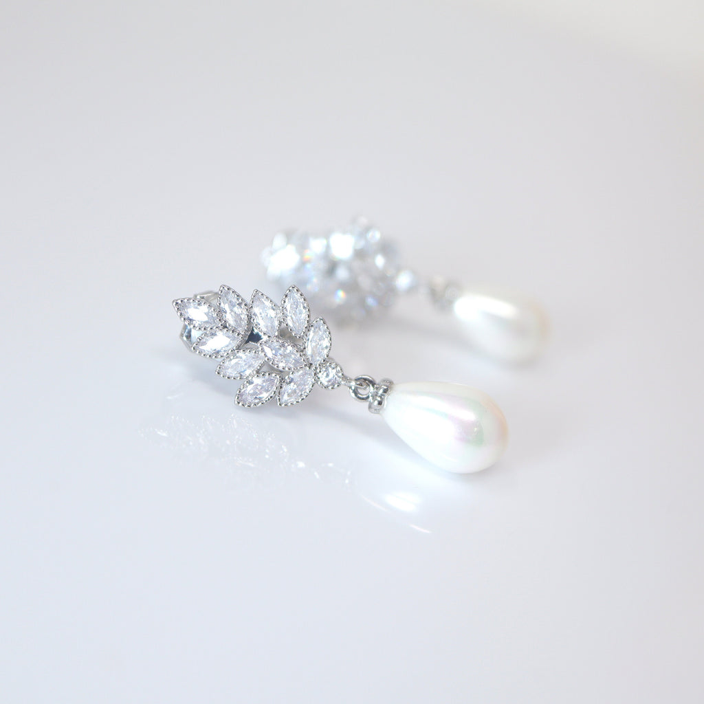 Pearl Adorned Clip-On Bouquet: Floral Pearl Drop Earrings with Elegance, Crystal Bridal Earrings, Statement Earrings Cz