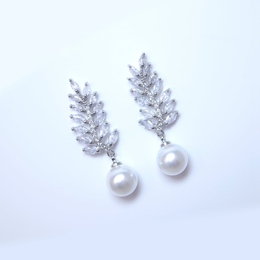 Shimmering Crystal Adorned: Vine Leaves Pearl Drop Bridal Earrings, Crystal Bridal Earrings, Statement Earrings Cz
