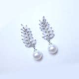 Shimmering Crystal Adorned: Vine Leaves Pearl Drop Bridal Earrings, Crystal Bridal Earrings, Statement Earrings Cz