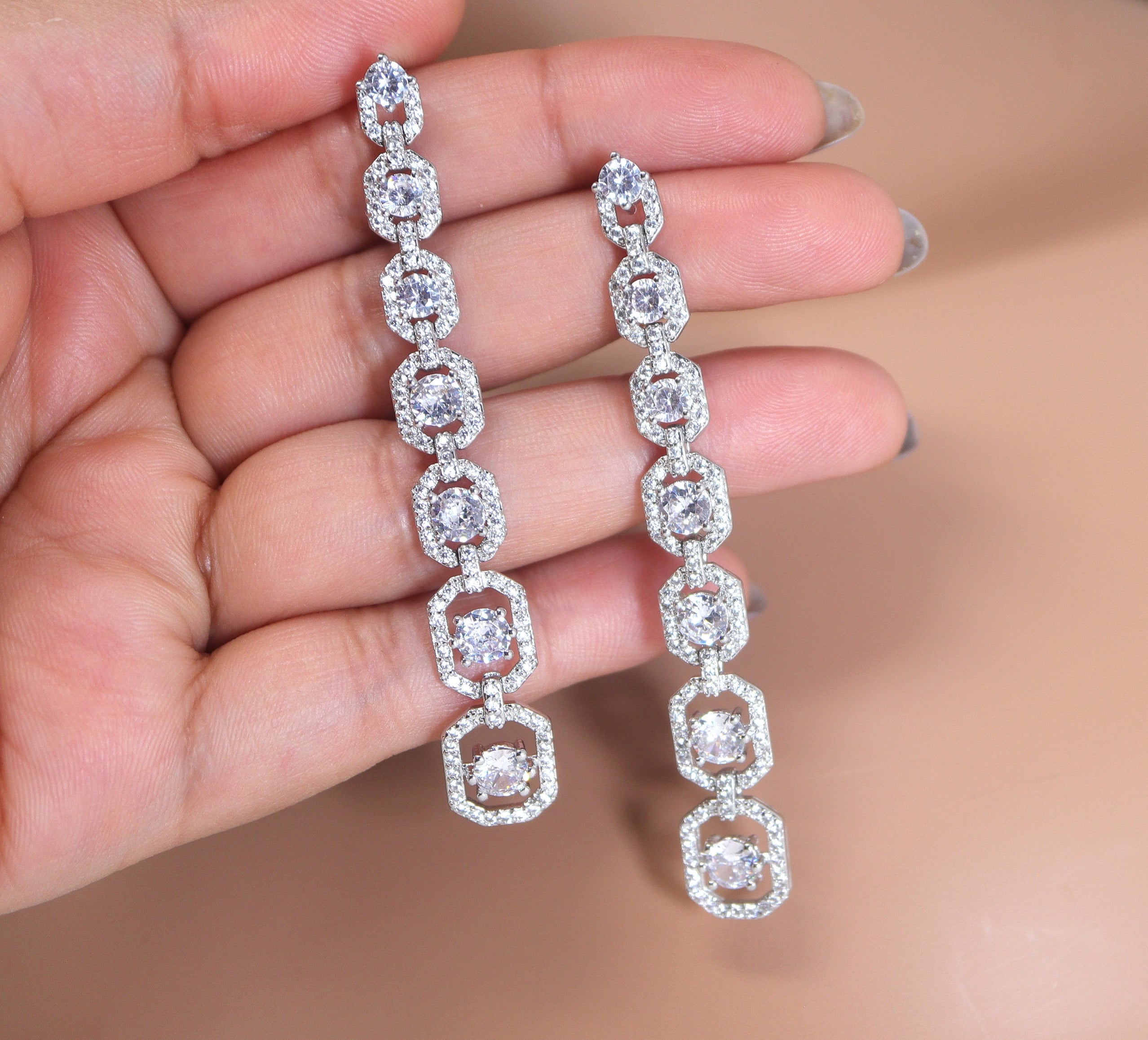 Exquisite Bridal Sparkle: Long Swarovski Crystal Dainty Statement Earrings, Long Bridal Jewelry, Bridal Earrings, Crystal Bridal Earrings Cz