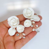 Swarovski Crystal Ceramic White Roses floral Bridal Earring, Bridal Earrings, Dangle earring, Natural Cultured Pearl Earring