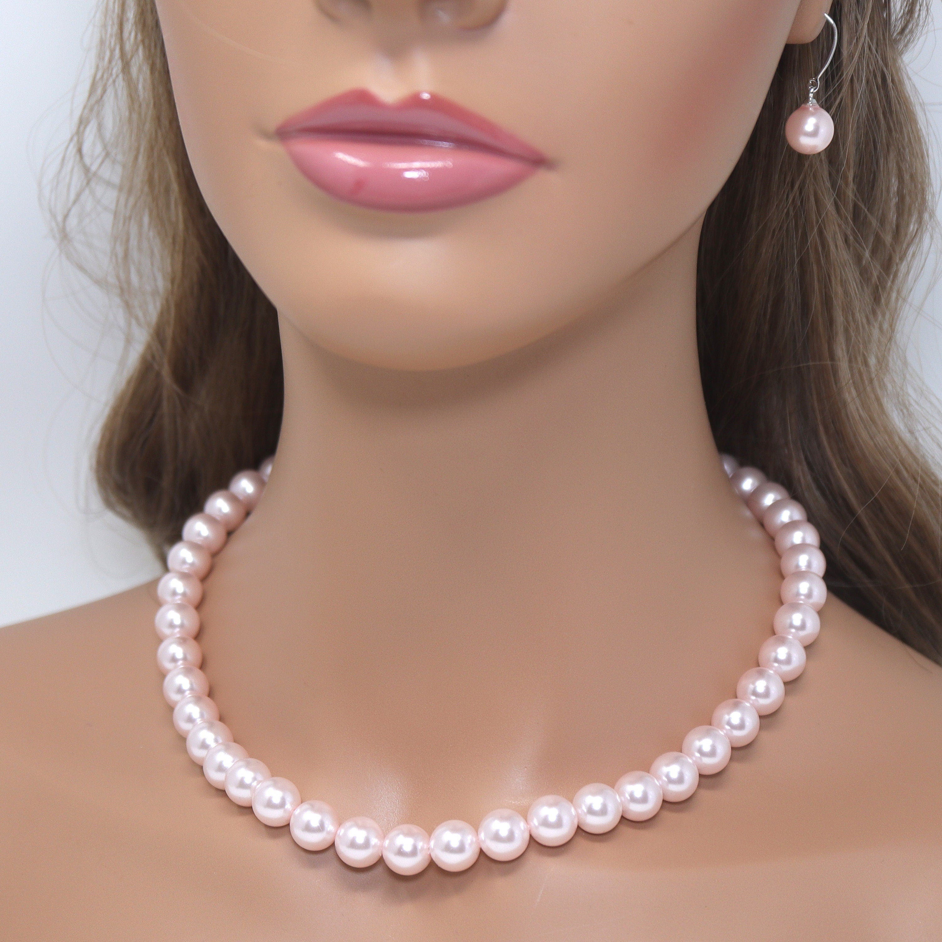 10mm Light Pink Faux Pearl Necklace Earring And Bracelet Set, Bridal Jewelry, Bridal Earrings And Necklace, Statement Earrings Necklace Set